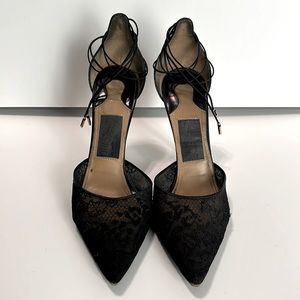 Salvatore Ferragamo Black Closed Toe Lace and Crocodile Ankle Strap Pump